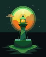 As the sun sets on the horizon a green solarpowered buoy begins to light up serving as a guiding light for ships in the darkness.. illustration. vector