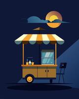 Even after the sun has set the solar panels on the food carts continue to provide soft lighting creating a cozy atmosphere for nighttime dining.. illustration. vector