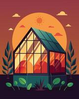 As the sun sets in the sky the solarpowered greenhouse continues to emit a warm welcoming glow allowing its plants to thrive even after dark.. illustration. vector