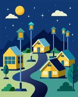 An offthegrid community relying solely on the power of the sun with solarpowered streetlights guiding the way for residents at night.. illustration. vector