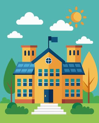 A college dormitory utilizing solar energy to power its security cameras and protect students living on campus.. illustration.