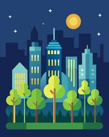 A city skyline is lit up not just by the shining buildings but also by the solarpowered lights adorning the trees that dot the landscape showcasing a harmonious combination of. vector