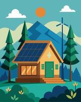 An offgrid cabin deep in the woods relying on a combination of solar energy and smart sensors to conserve resources and maintain a comfortable living environment.. illustration. vector