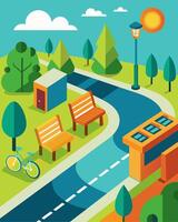 A city bike path with rest areas featuring solarpowered benches allowing cyclists to take a break and charge their devices before continuing on their journey.. illustration. vector