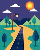 As I cycled along the rural bike path the solar panels on either side powered small ling lights creating a magical atmosphere.. illustration. vector
