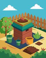 A composting bin could be spotted in the corner of the yard reducing waste and creating nutrientrich soil for the garden.. illustration. vector