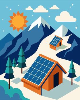 As winter rages on the solar panels continue to function providing a sustainable source of energy despite the challenging conditions.. illustration. vector