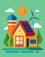 A colorful and vibrant bungalow offgrid and powered by a combination of solar panels and wind turbines.. illustration. vector
