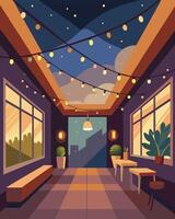 An intimate indoor gallery exuding a cozy and inviting atmosphere lit up by solarpowered fairy lights strung across the ceiling.. illustration. vector
