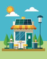 A charming roadside cafe powered entirely by solar energy and featuring quaint outdoor seating and charging stations perfect for a quick pitstop and a recharge of both devices and. vector