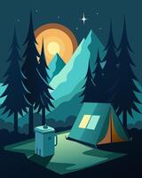 A campsite deep in the woods is lit up by the soft glow of a solarpowered fridge providing campers with a cold drink after a day of hiking.. illustration. vector