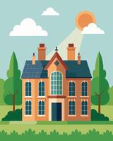 A classic manor house its tall chimneys now boasting solar panels adding to its charm while also reducing its carbon footprint.. illustration. vector