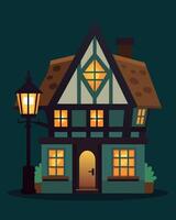 A charming old inn illuminated by a mix of traditional lanterns and discreet solar accent lights.. illustration. vector