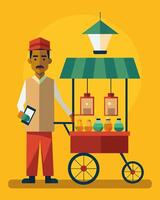 An innovative street vendor using their solarpowered cart to showcase and sell their collection of handmade solarpowered lamps and lanterns.. illustration. vector