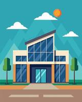 A commercial building stands tall with a row of solar panels lining its entryway.. illustration. vector