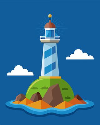 Standing tall on a remote rocky island the solarpowered lighthouse is a technological marvel of modern times.. illustration.