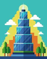 At the top of an impressive skyscraper rows of solar panels stand proud powering the building and reducing its carbon footprint.. illustration. vector