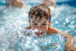 Happy little boy having fun in swimming pool on a hot summer day photo