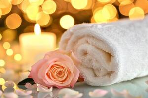 Spa setting with rose and towel on bokeh background, closeup photo