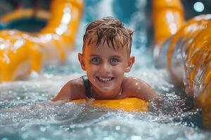Happy boy sliding down a slide on an inflatable ring in a water park photo