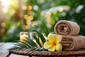 Spa setting with tropical flowers and candles on wooden table, close up photo