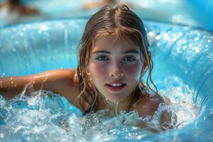 Portrait of a girl in a pool on an inflatable ring at a resort photo
