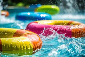 Colorful inflatable rings floating in the swimming pool on a sunny day photo