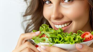 Smiling woman enjoys a healthy meal of lettuce and tomatoes, vegetarian nutrition concept photo