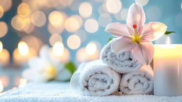 Spa still life with towels, candles and flower on bokeh background, copy space photo