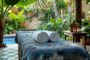 Towels on the bed in the spa room. Spa resort photo
