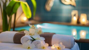 Towels and flowers on bed in spa salon with pool, closeup photo