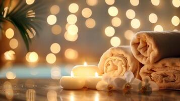 Spa setting with candles, towel and orchid flowers on blurred background photo