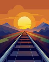 As the sun set on the horizon the solar panels on the train tracks continued to power the trains lights and engines through the night ensuring a safe and ecofriendly journey.. vector