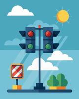 Even on a cloudy day the solarpowered traffic lights continue to shine effortlessly harnessing the suns energy to keep traffic moving smoothly.. illustration. vector