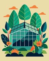 A botanical garden with solar panels cleverly disguised as giant leaves powering the greenhouse and conservatory.. illustration. vector