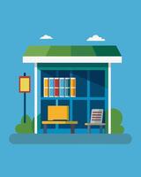 A bus stop that harnesses the energy of the sun to power a small library installed within its walls for passengers to enjoy while waiting for their bus.. illustration. vector