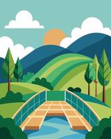 A beautiful bridge in the countryside adorned with solar panels to light up the pathway and offer a serene view of the surrounding nature.. illustration. vector