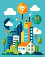 A business district integrates solarpowered WiFi hotspots to provide employees and patrons with reliable internet access while reducing their environmental footprint.. illustration vector