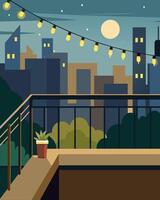 A balcony overlooking the city featuring a string of solarpowered garden lights that add a touch of warmth to the urban landscape.. illustration. vector