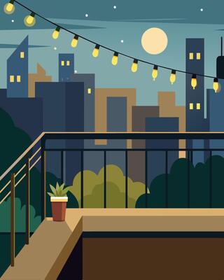 A balcony overlooking the city featuring a string of solarpowered garden lights that add a touch of warmth to the urban landscape.. illustration.