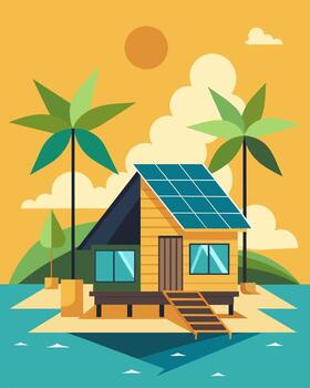 A beachside retreat made up of solarpowered cabins with each one featuring a unique design and layout making for a visually interesting and environmentallyfriendly experience.. vector
