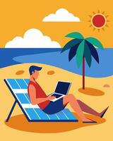 A beachgoer lounging on the sand with their laptop the solar panel soaking in the suns energy and allowing them to work remotely in paradise.. illustration. vector