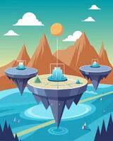 From a distance it looks like floating islands but upon closer inspection one can see its actually a massive solar farm on a shallow river.. illustration. vector