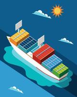 Even the oceans could become a source of clean energy with seafaring cargo ships powered by solar panels embedded in their cargo containers.. illustration. vector