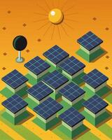 A birds eye view reveals a field of small black squares absorbing the rays of the sun with precision.. illustration. vector