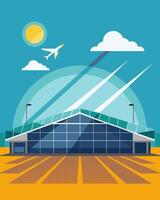 From a distance the airport hangars appear to be covered in a shimmering sheet but upon closer look it becomes clear that its actually countless solar panels.. illustration. vector