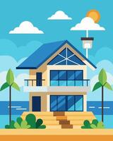 A beachfront villa equipped with solarpowered motion detectors providing a sustainable and reliable solution for vacation home security.. illustration. vector