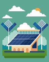 Even on a cloudy day the solar panels that line the stadiums roof were able to collect enough energy to power the bright efficient lights for an evening match.. illustration. vector