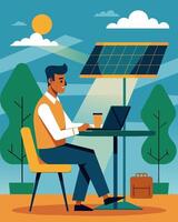 A busy professional working on their laptop at a bustling outdoor cafe the solar panel on the back powering the device as they sip on their coffee.. illustration. vector