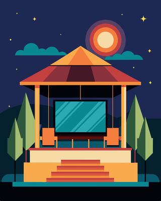 A beautiful pavilion featuring a large outdoor screen for movie nights powered entirely by solar energy.. illustration.
